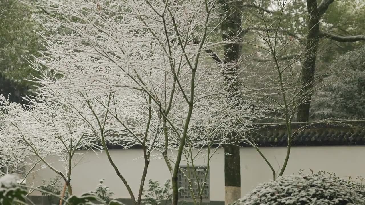 雪中的中式江南园林景观建筑呈现的美感视频素材