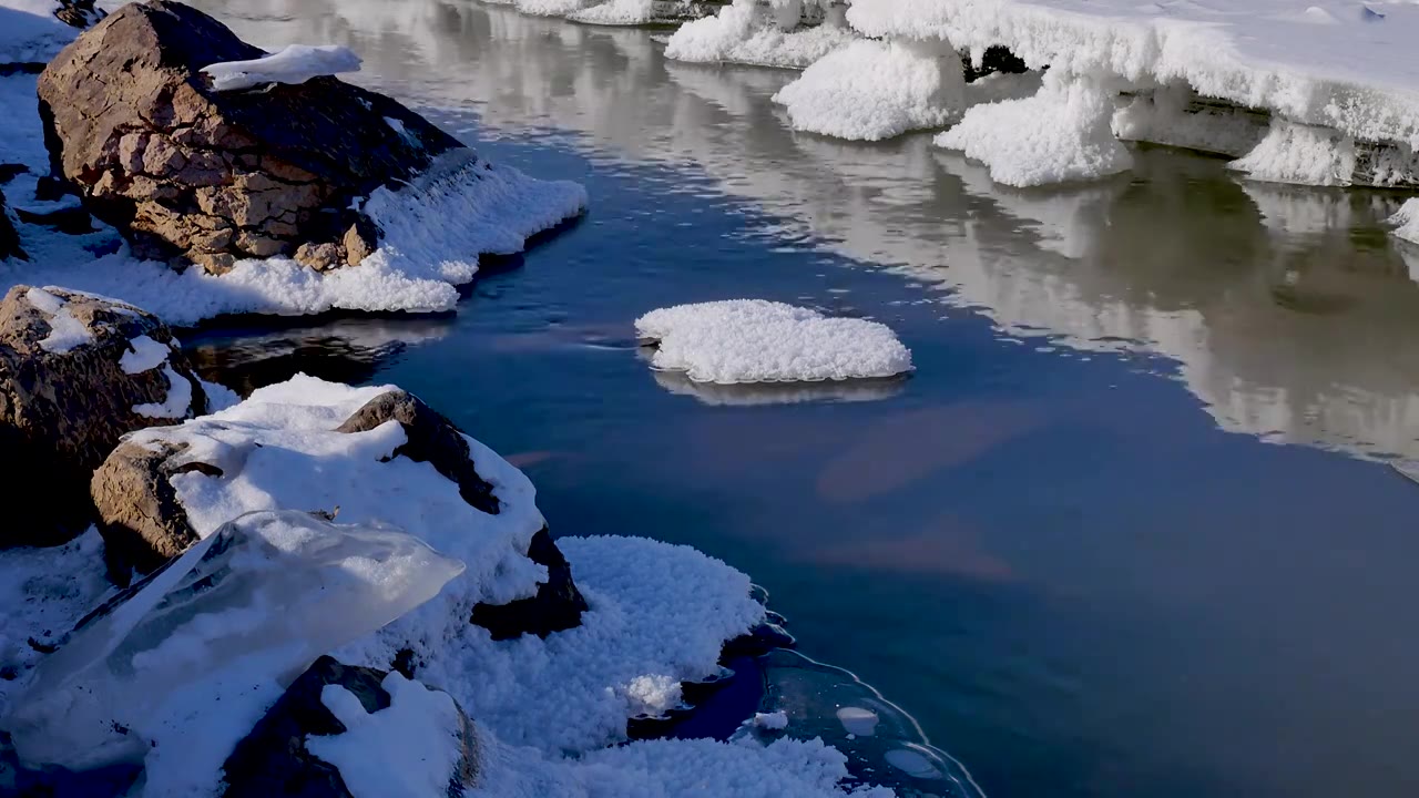 冬天不冻河毛茸茸的雪和清澈的河水视频下载