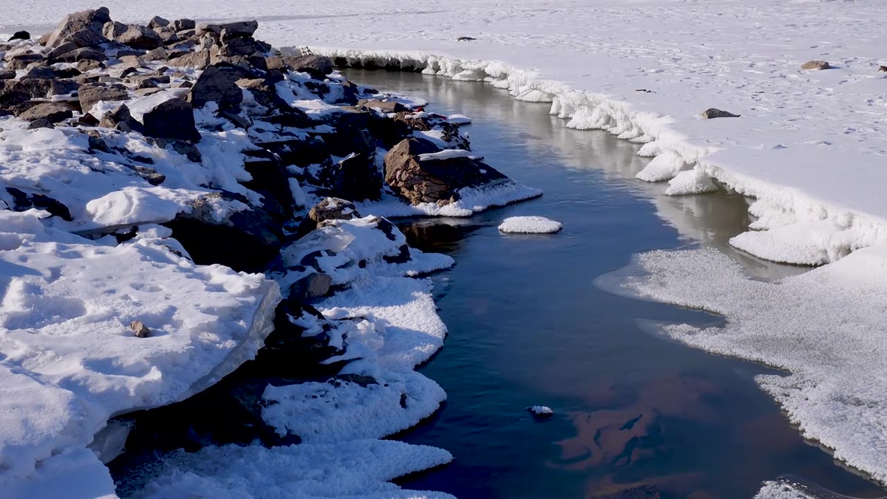 冬天不冻河毛茸茸的雪和清澈的河水视频下载
