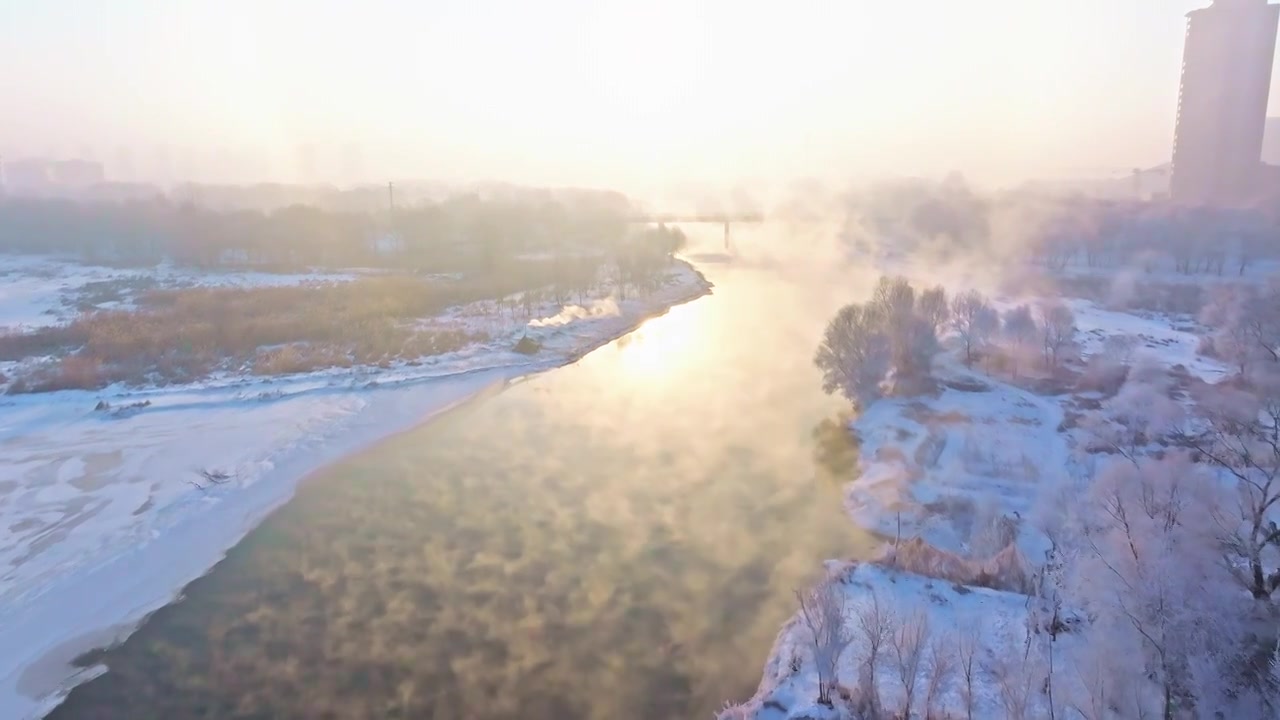 东北冬季雾凇树挂洁白唯美雪景航拍视频下载