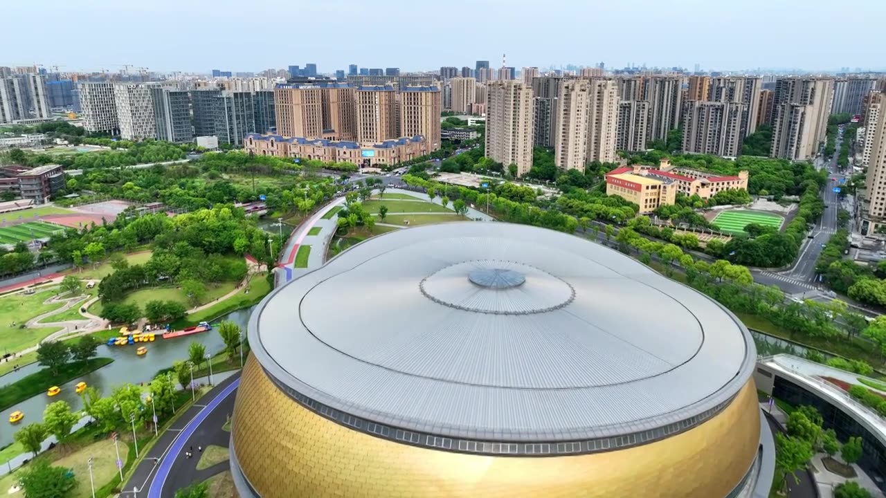 航拍浙江杭州亚运会曲棍球乒乓球场馆视频下载