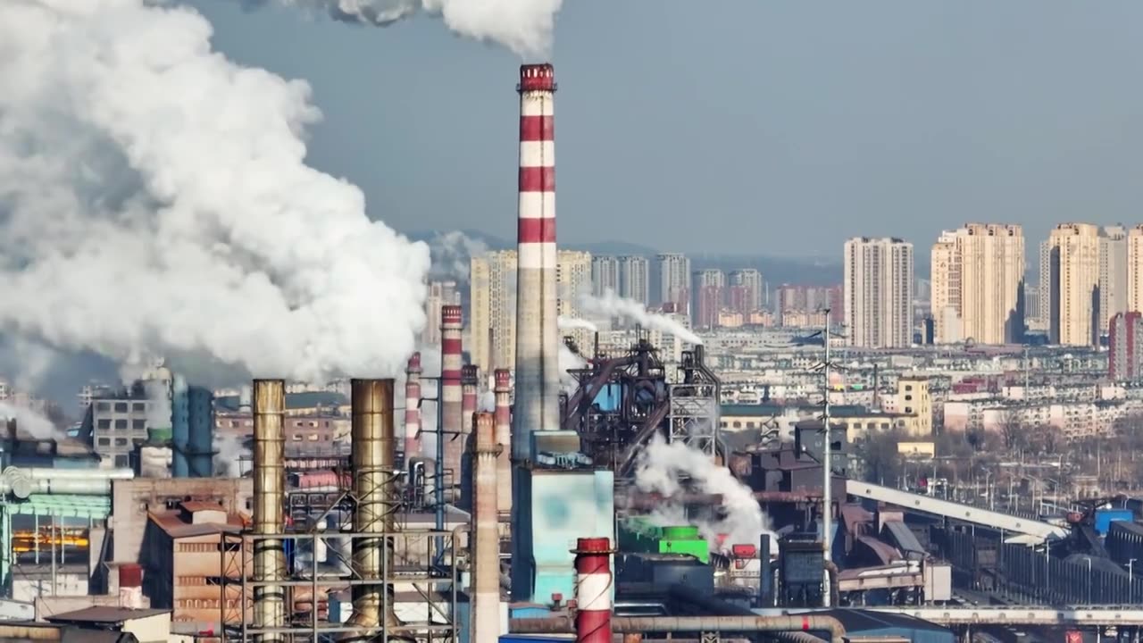 航拍辽宁抚顺重工业城市工厂废气排放污染视频下载