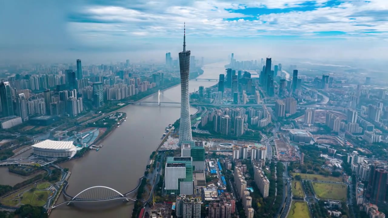 广东省广州塔海珠区天河区珠江城市风景航拍视频下载