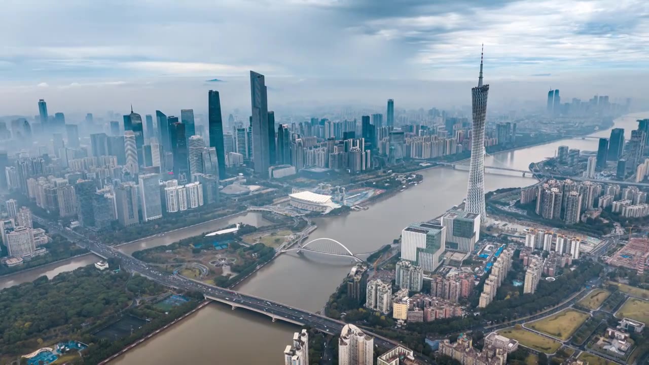 广东省广州塔海珠区天河区珠江城市风景航拍视频素材