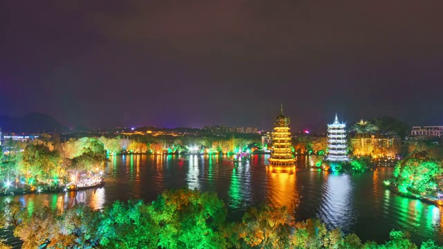 桂林两江四湖夜景日月双塔4K视频下载