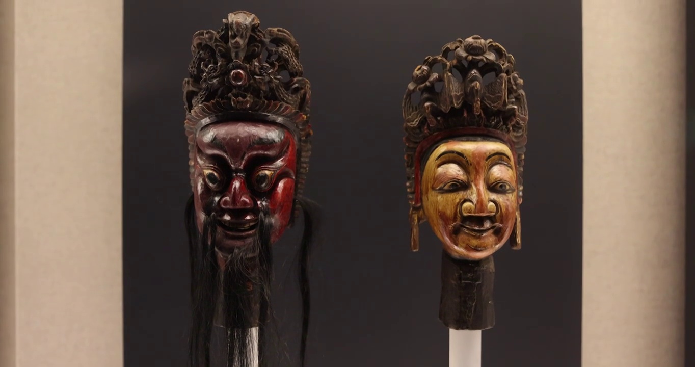 少数民族土家族木雕傩戏面具清代傩公傩婆视频下载