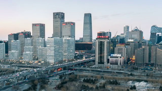 横摇镜头日转夜 北京国贸CBD天际线延时摄影视频素材