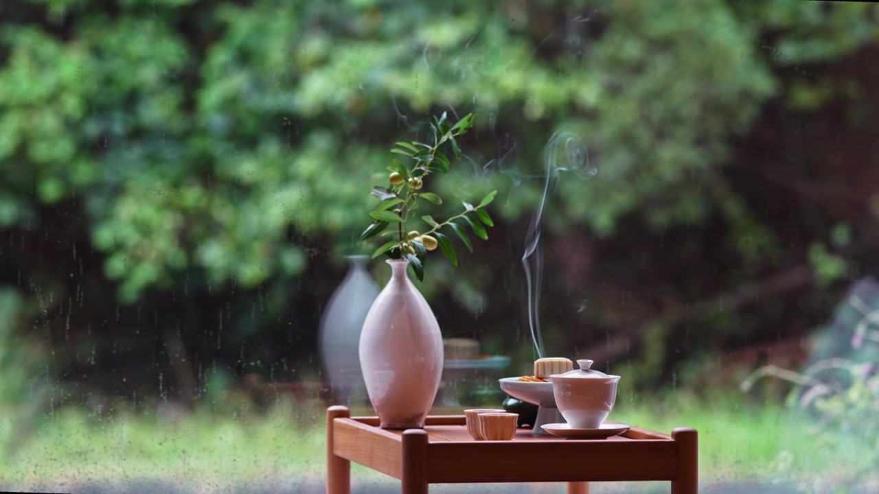 雨天茶具花瓶摆件月饼空镜头视频下载