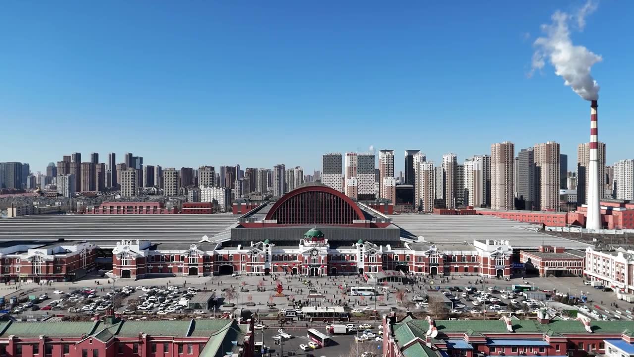 辽宁沈阳站火车高铁站航拍，东北特大城市视频下载