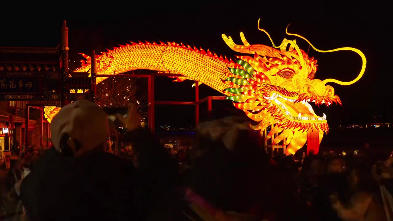 北京什刹海荷花市场元宵节灯会龙年人流延时视频下载