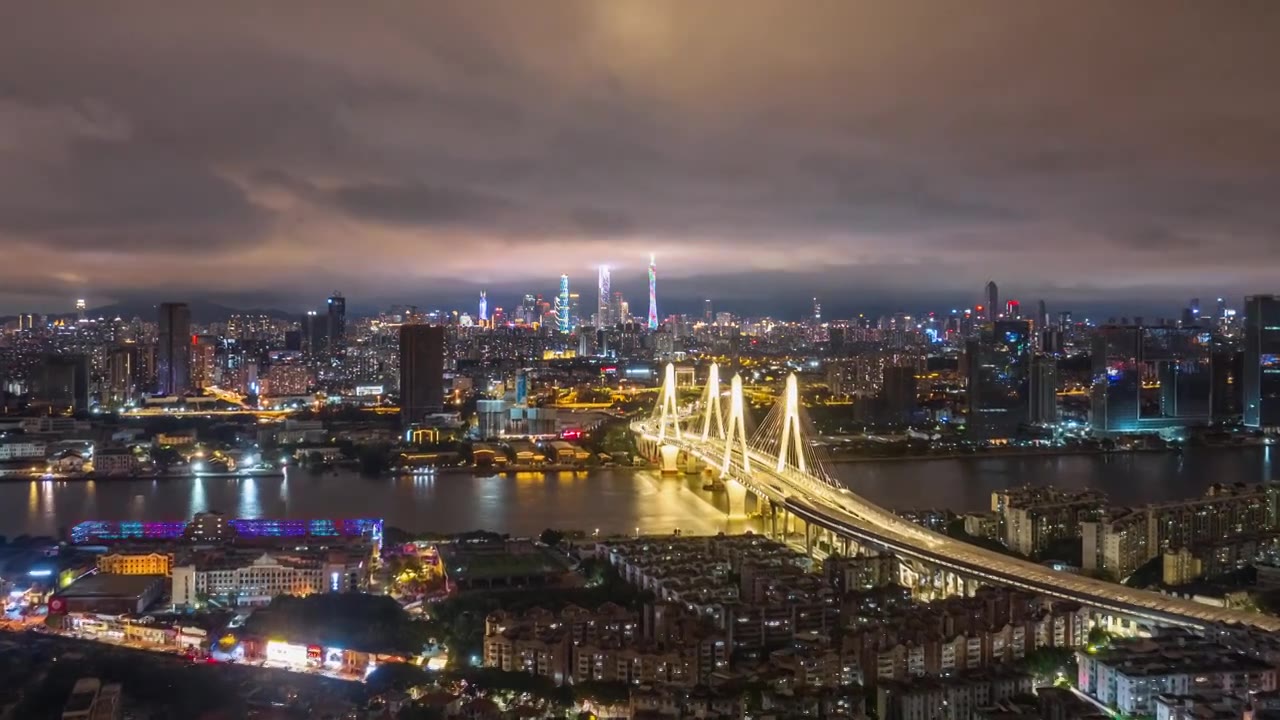4K航拍广州洛溪大桥夜景延时视频下载