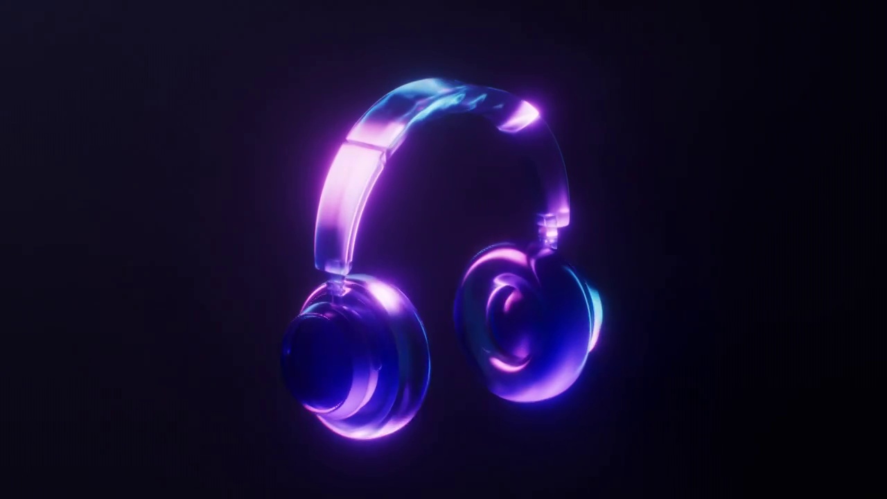 头戴式耳机与霓虹灯光效果循环动画3D渲染视频素材