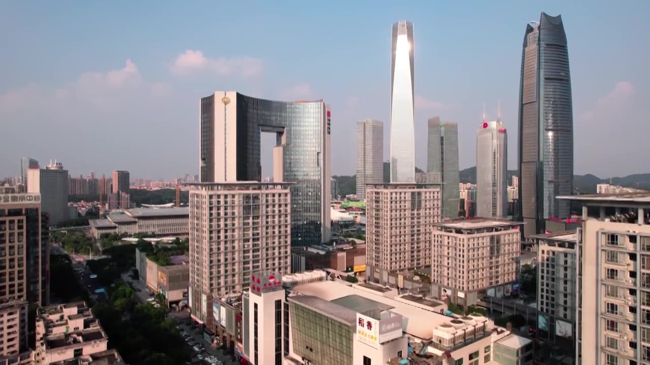 航拍东莞商务区摩天大楼街景视频素材