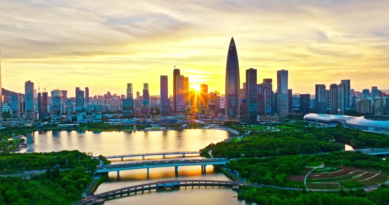 中国深圳城市天际线和现代建筑日落风光航拍视频素材