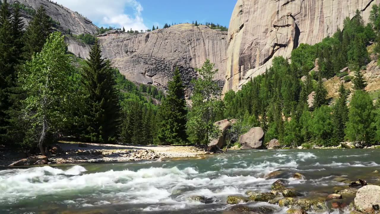 新疆阿勒泰旅游可可托海景区户外峡谷河流视频下载