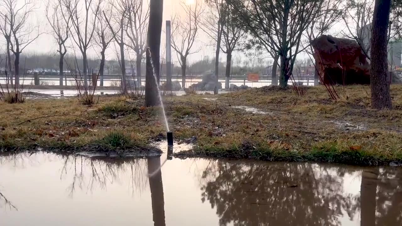 春天公园喷灌浇水场景视频下载