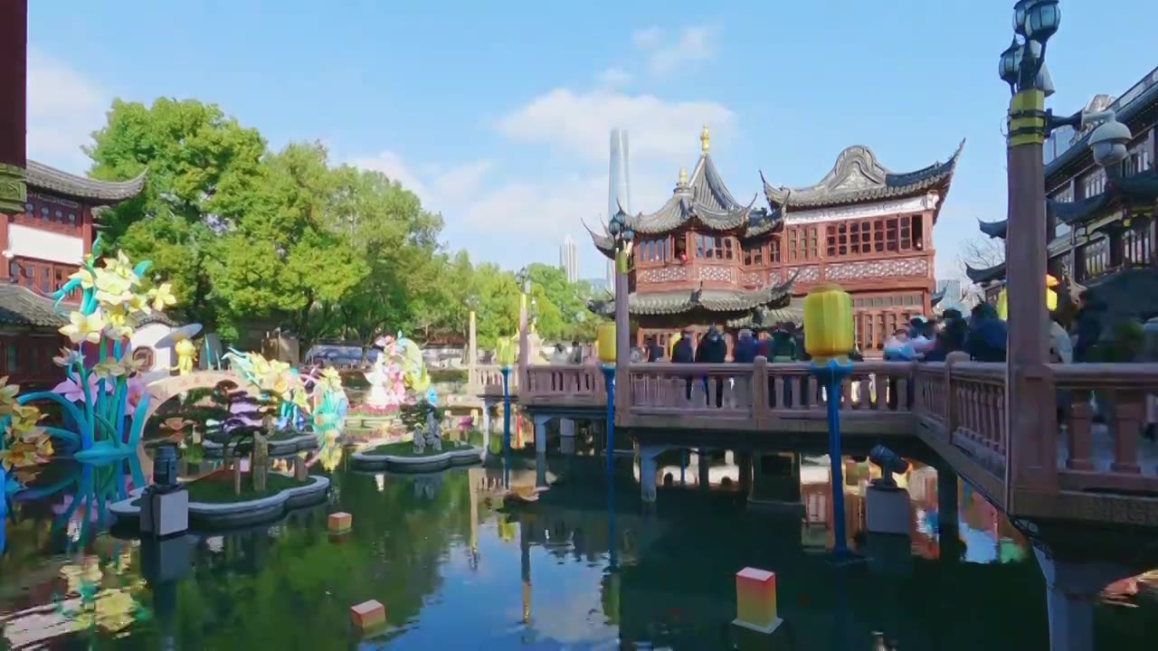 上海城隍庙九曲桥江南园林古建筑视频下载