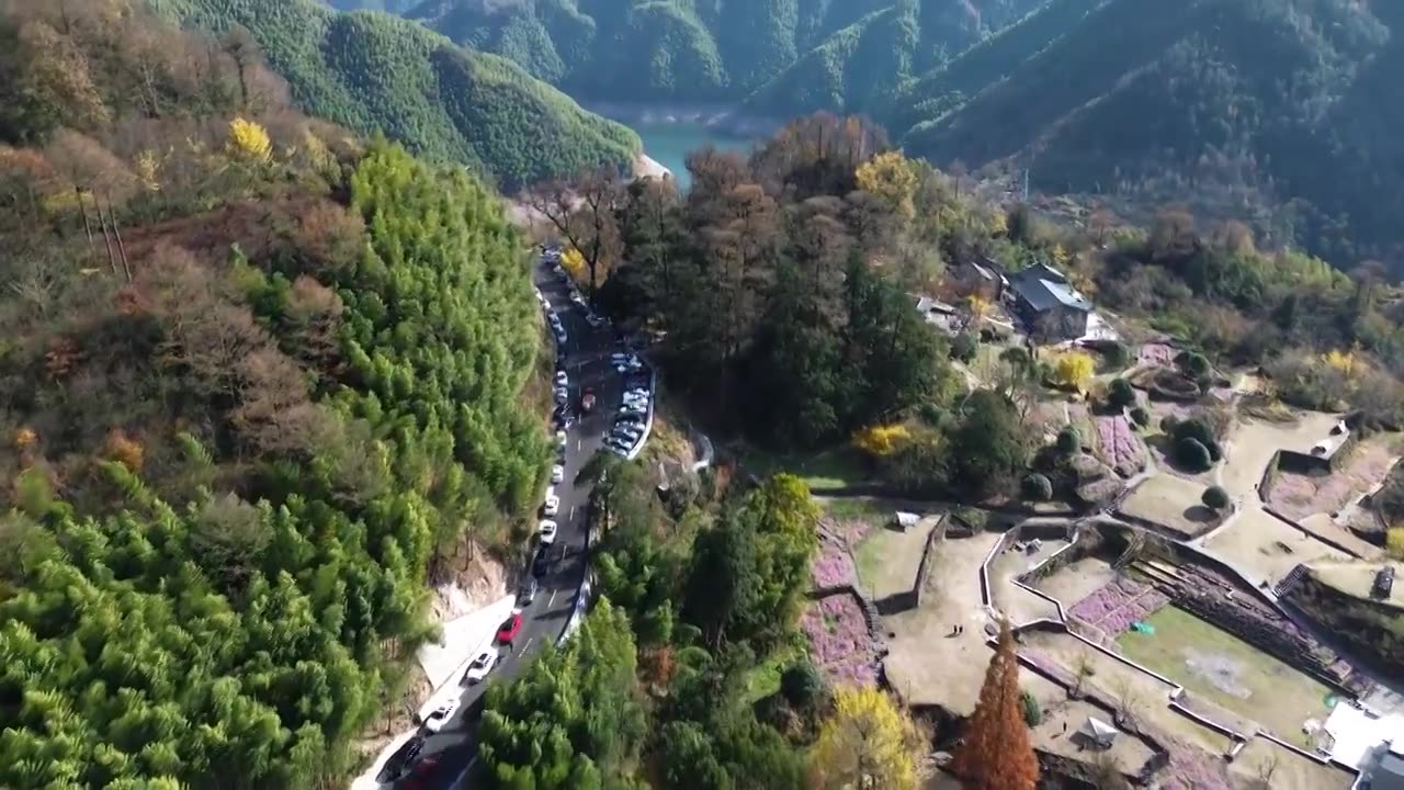 宁波四明山茅镬古树公园秋天风光航拍合集视频素材