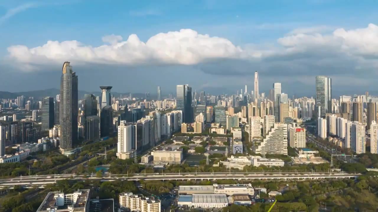 深圳福田下沙城市蓝天白云天际线航拍延时视频素材