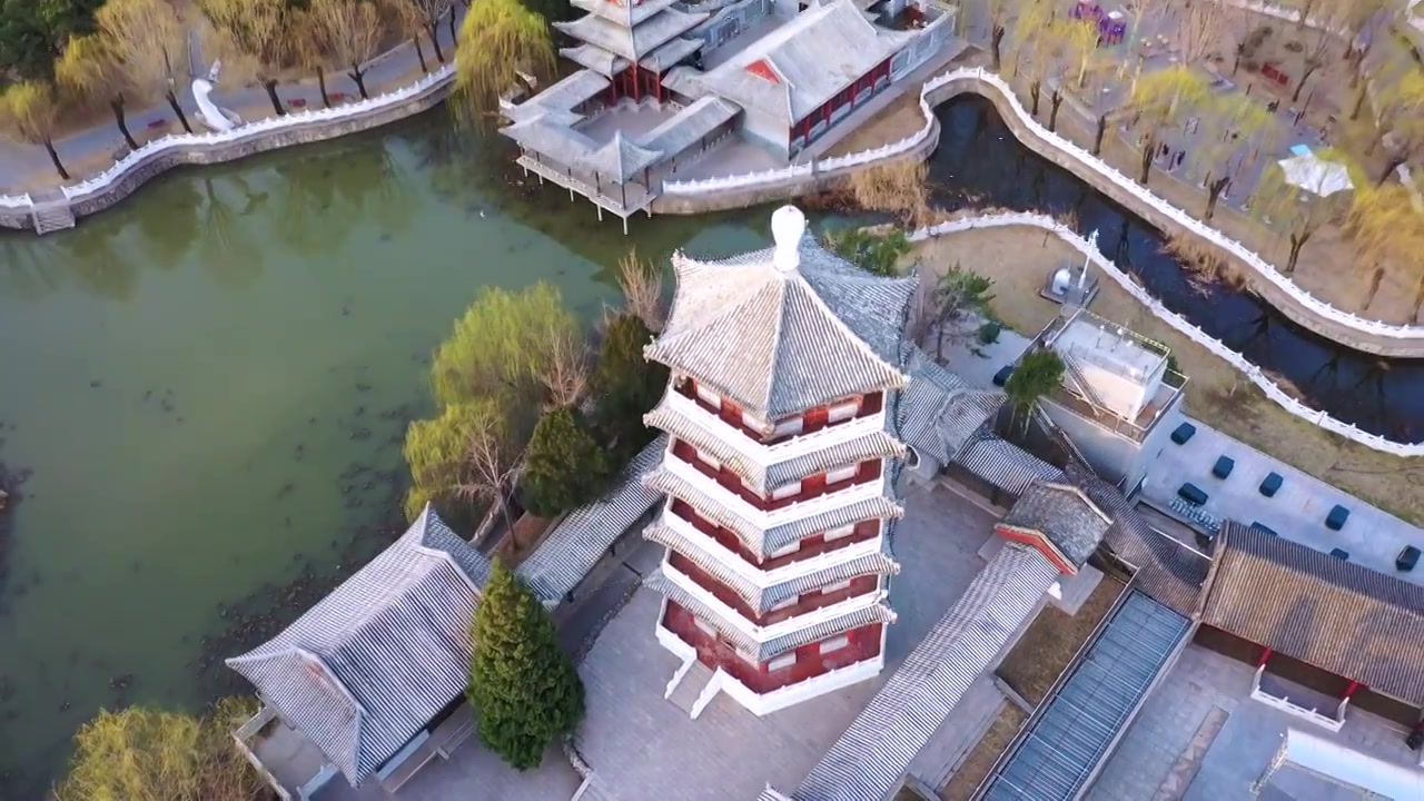 北京平谷人民公园清晨航拍视频下载