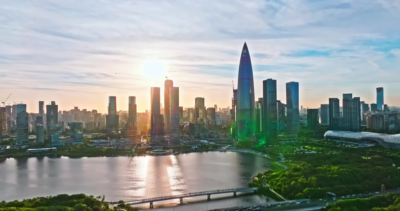航拍深圳现代城市建筑风光在日落视频素材