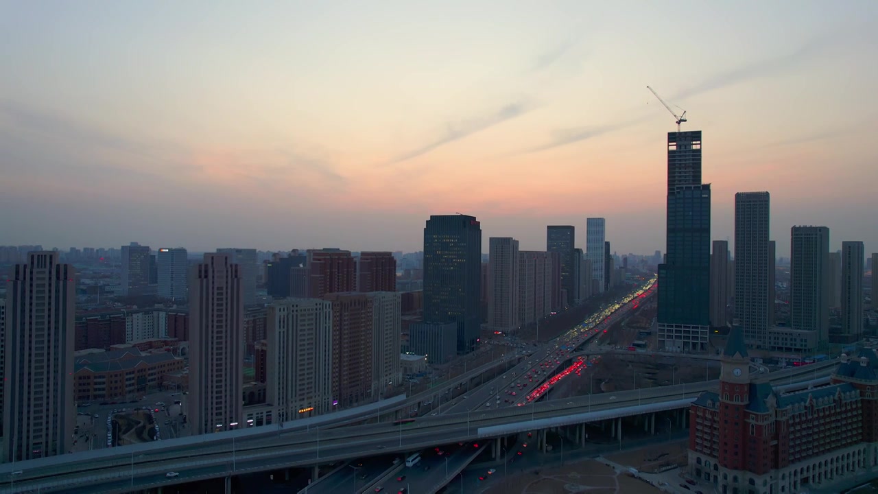 天津新八大里CBD城市商务中心建筑日落风光航拍视频下载