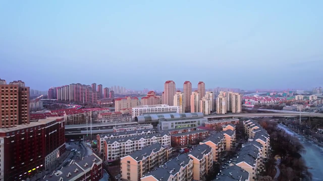 天津新八大里CBD城市商务中心建筑日落风光航拍视频素材