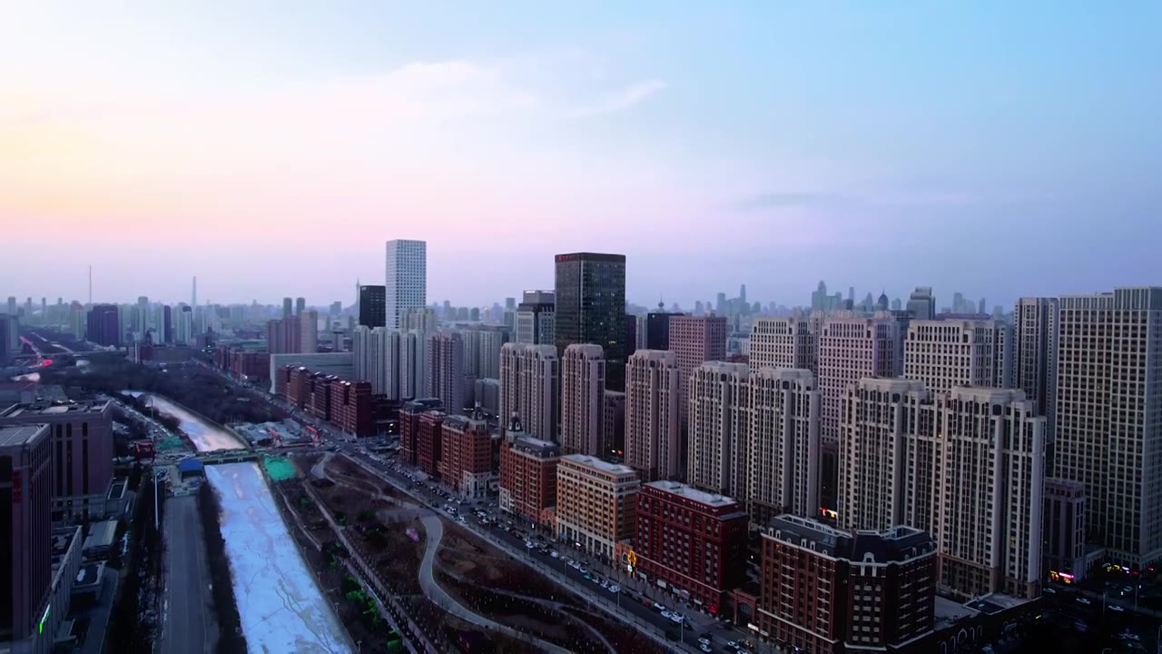天津新八大里CBD城市商务中心建筑日落风光航拍视频下载