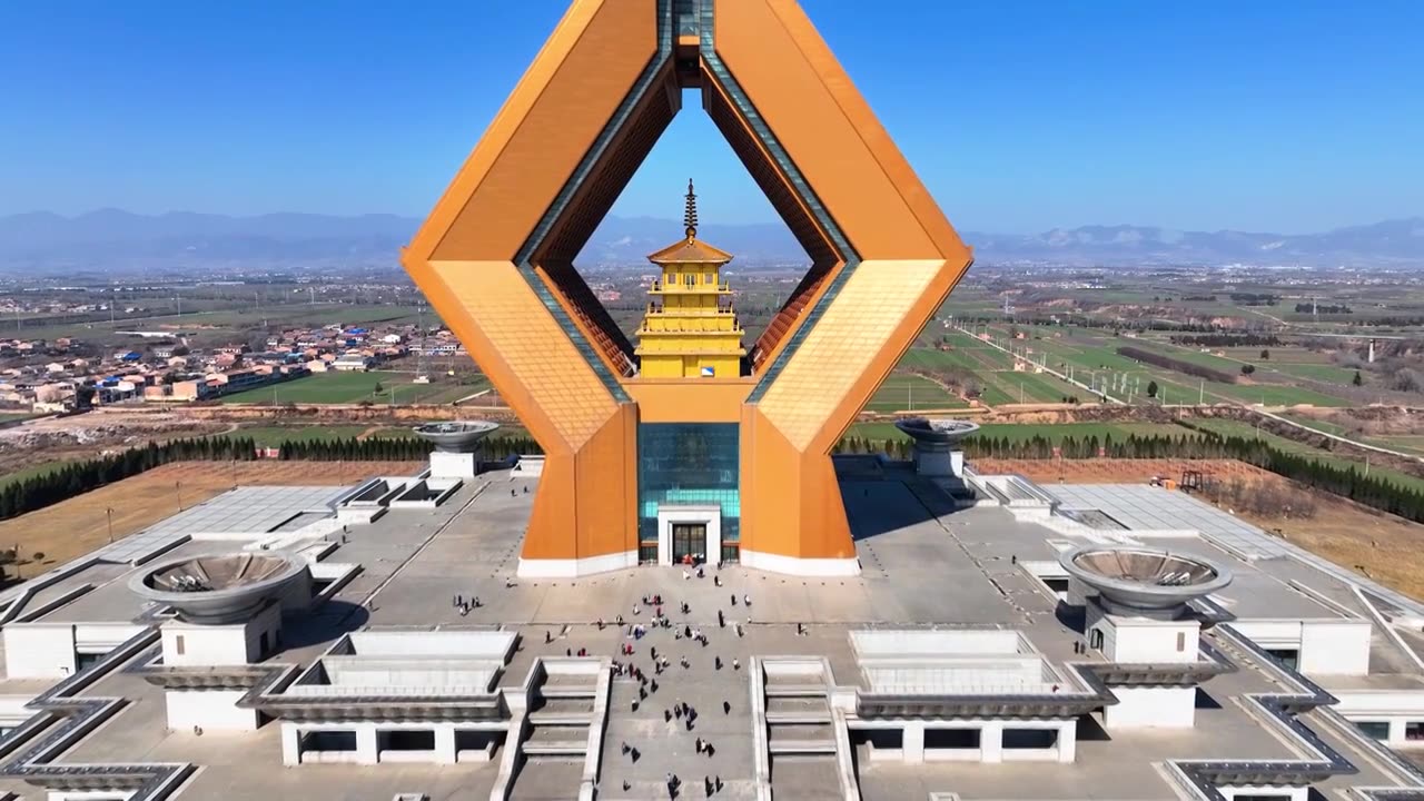 航拍陕西宝鸡扶风险法门寺佛教寺院景区视频下载