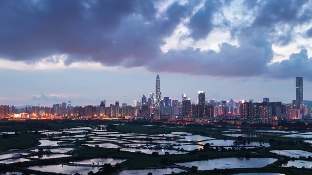 中国深圳香港边境，深圳城市日落过程视频素材