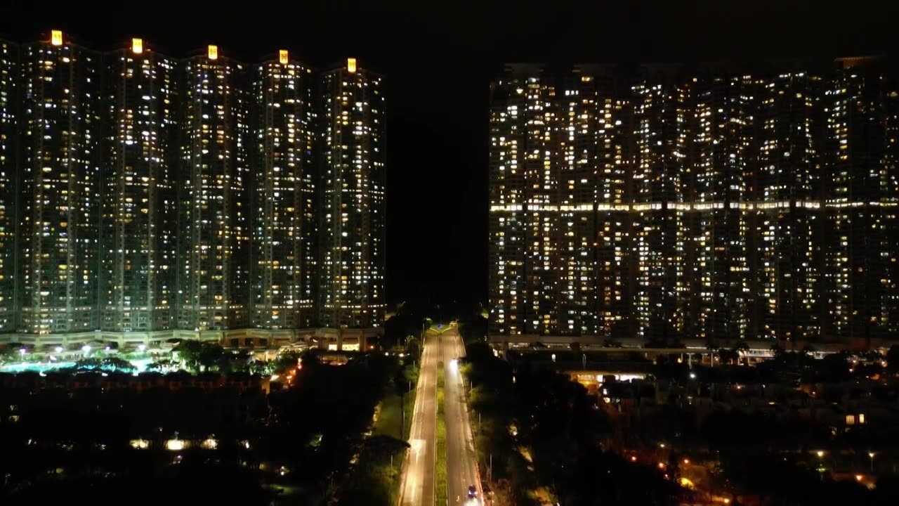 香港住宅楼夜景航拍视频素材