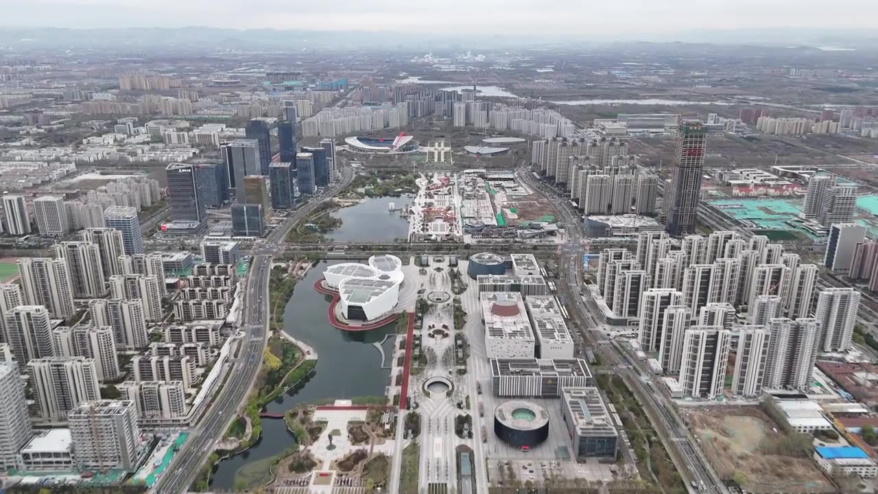 淄博CBD城市天际线博物馆航拍视频下载