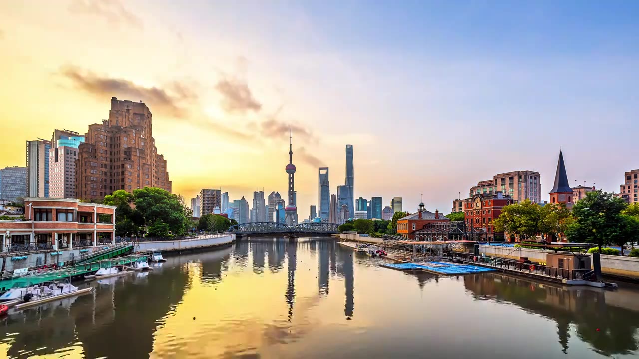 上海城市天际线和河流自然风光延时视频素材