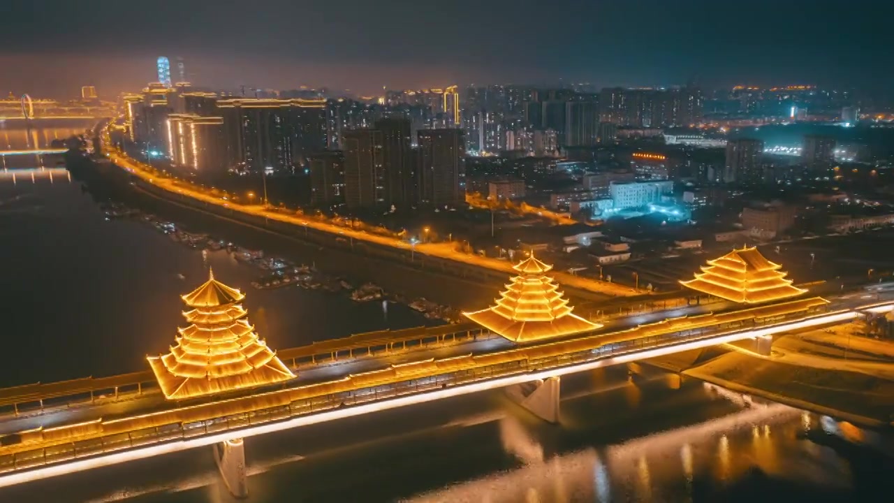 柳州凤凰岭大桥-侗族风雨桥夜景航拍延时视频下载