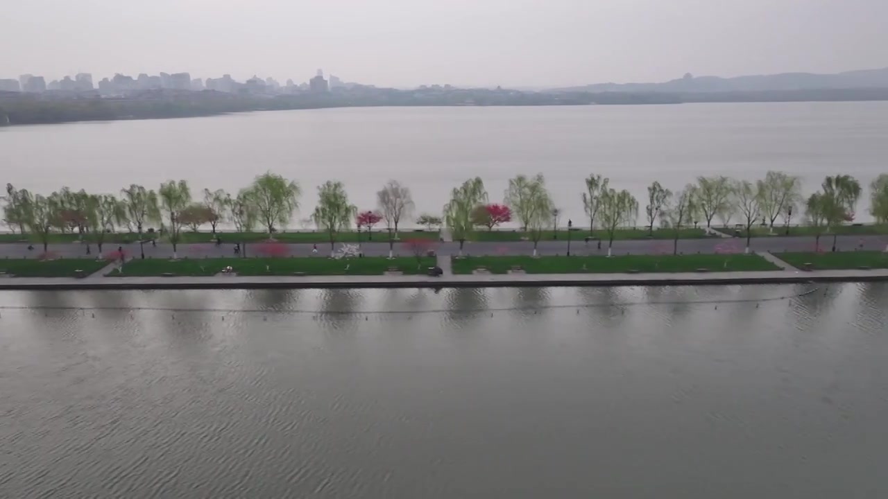 航拍春天早晨桃红枊绿的杭州西湖白堤视频下载