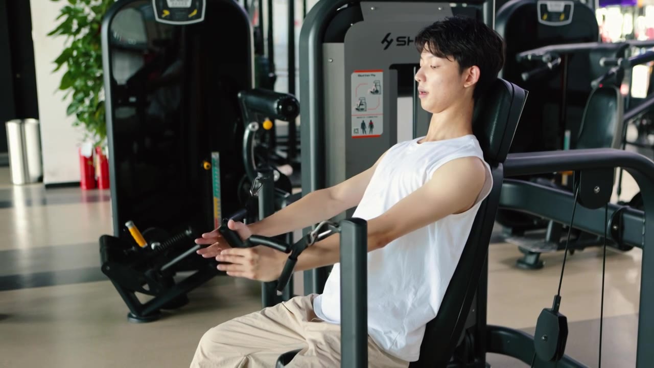 一个亚洲男性在健身房锻炼手臂视频素材