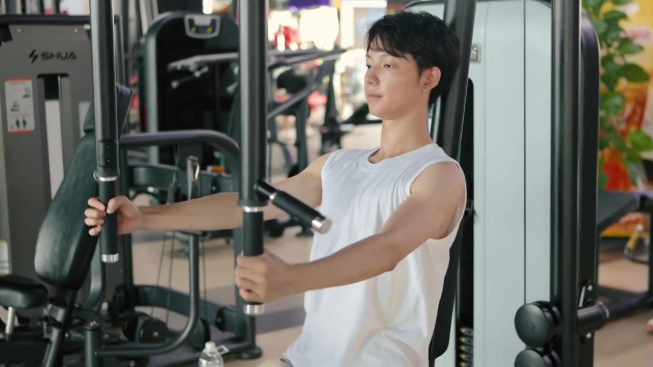 一个亚洲男性在健身房锻炼手臂视频下载