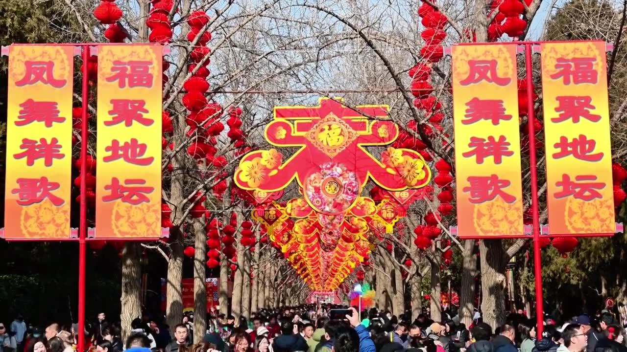 北京地天公园春节庙会游人游客人流喜庆氛围人间烟火人气视频素材