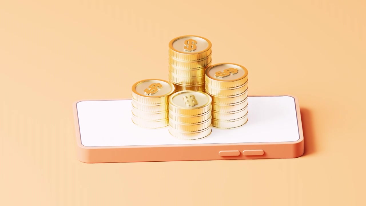手机上的金币投资理财概念三维渲染视频素材