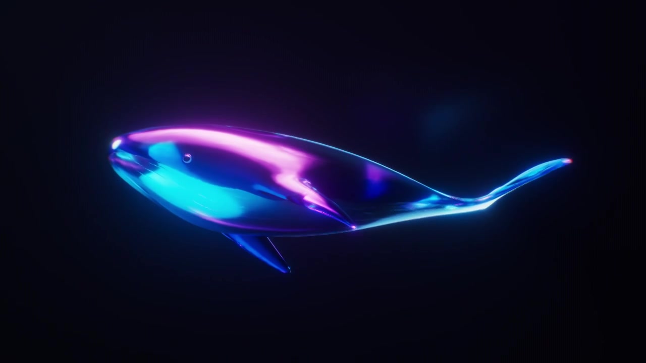 游动的鲸鱼与霓虹灯光效果3D渲染视频素材