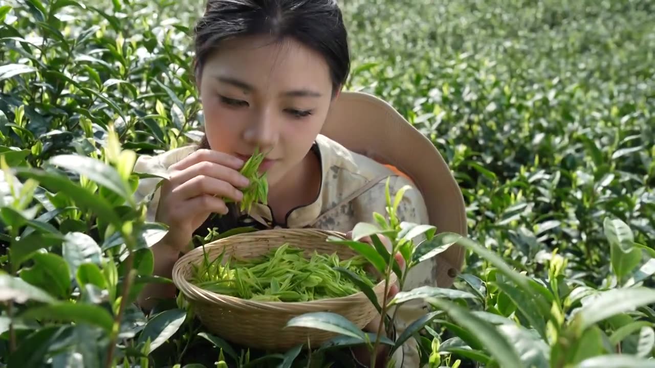 一位美女在湖北咸丰白茶基地采摘白茶嫩芽视频下载