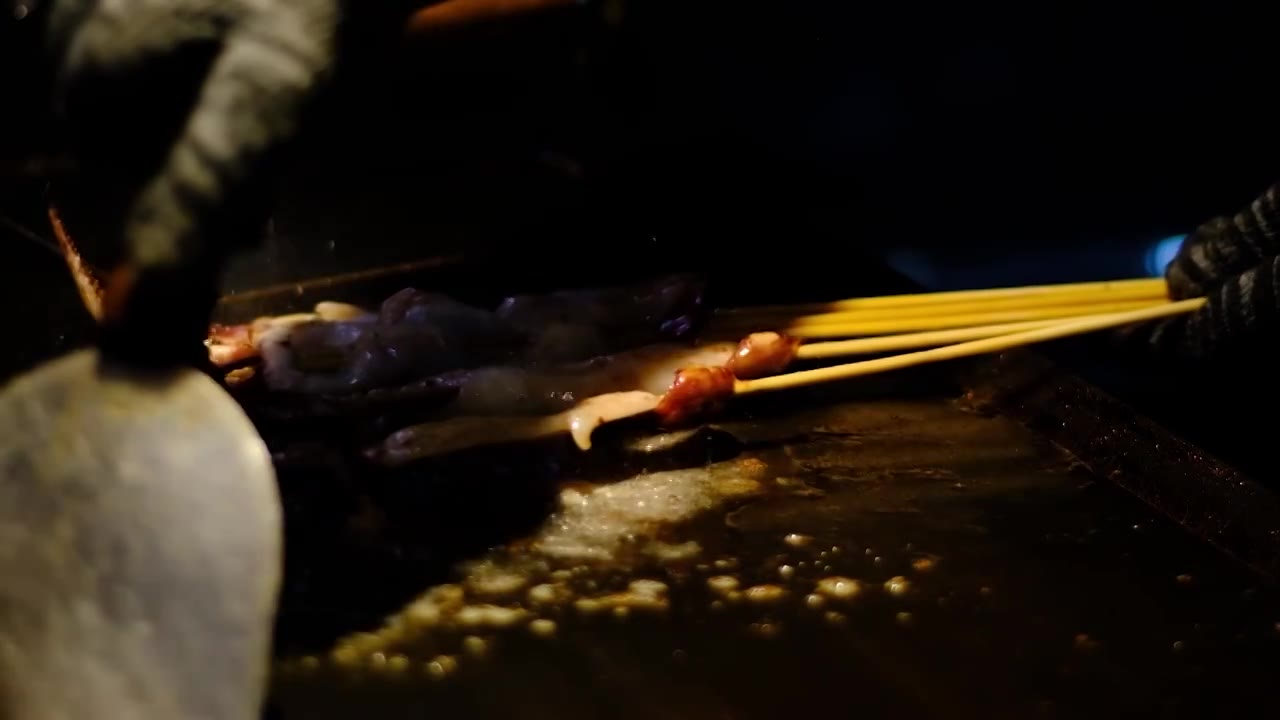 四川省绵阳市夜市美食小吃铁板鱿鱼，棍,烧烤,燃烧，食品，视频下载