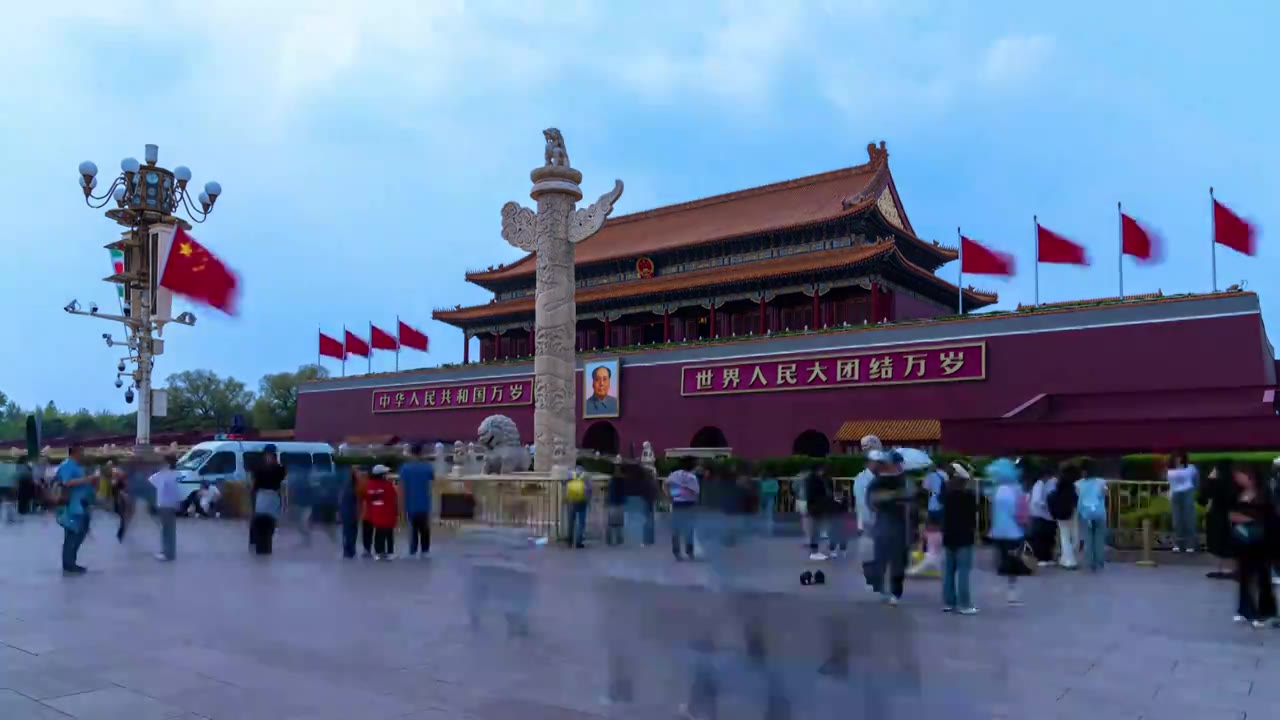 北京故宫博物院城楼天安门广场金水桥人流蓝天白云延时视频素材