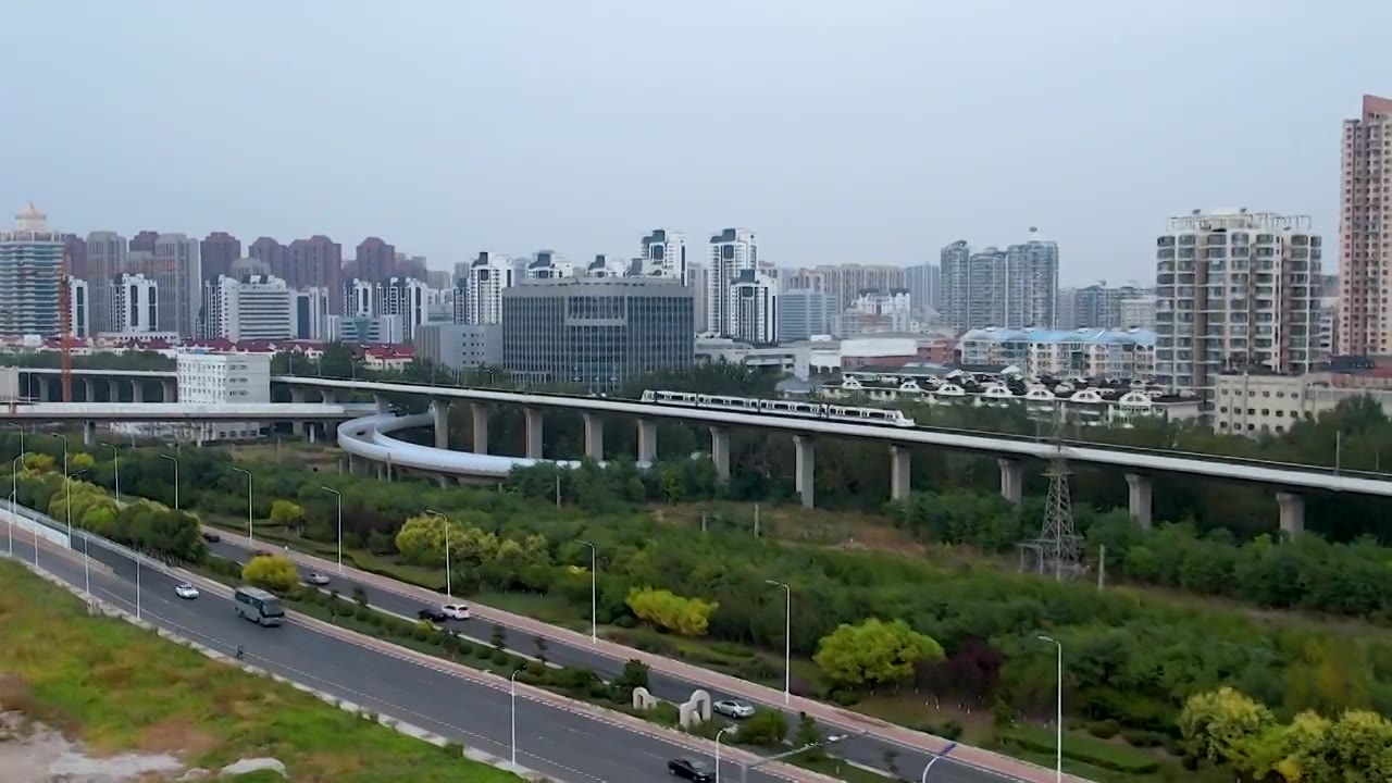 天津地铁轨道交通滨海新区城市风光航拍视频下载