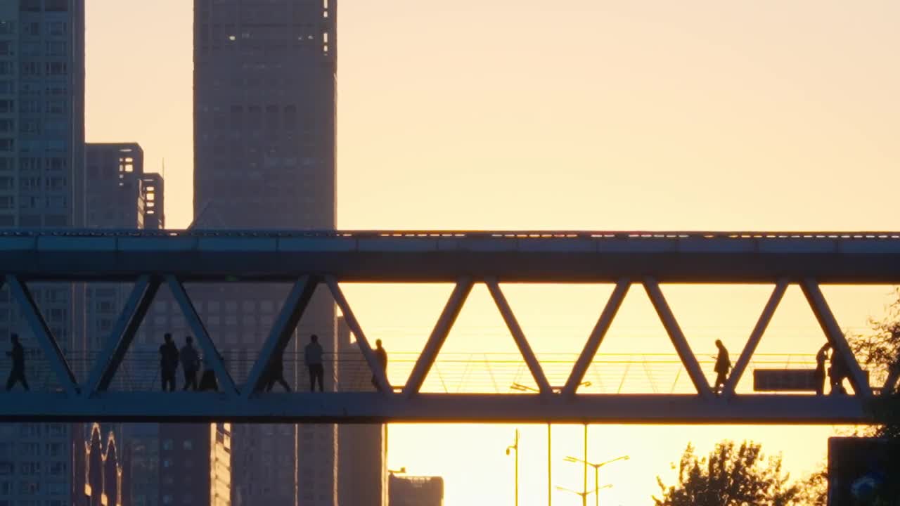黄昏中天桥上的行路人剪影（合集）视频下载