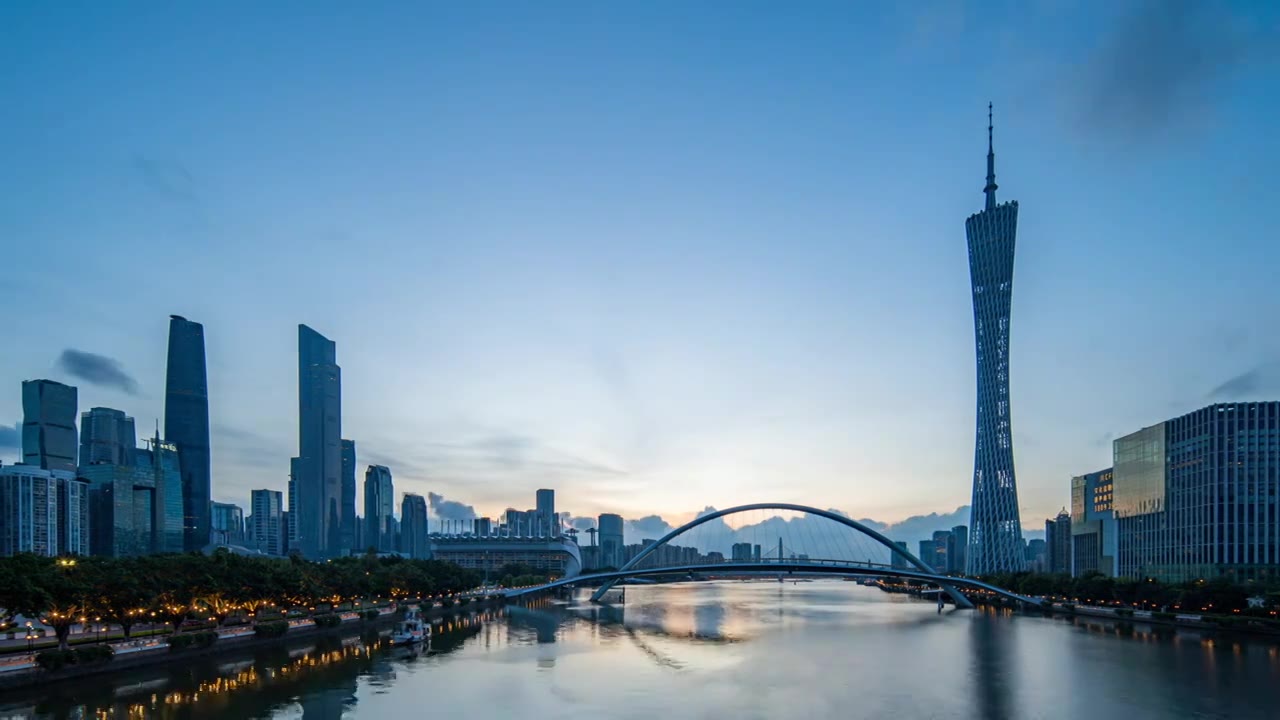 中国广州塔和珠江新城城市天际线日出延时摄影视频素材