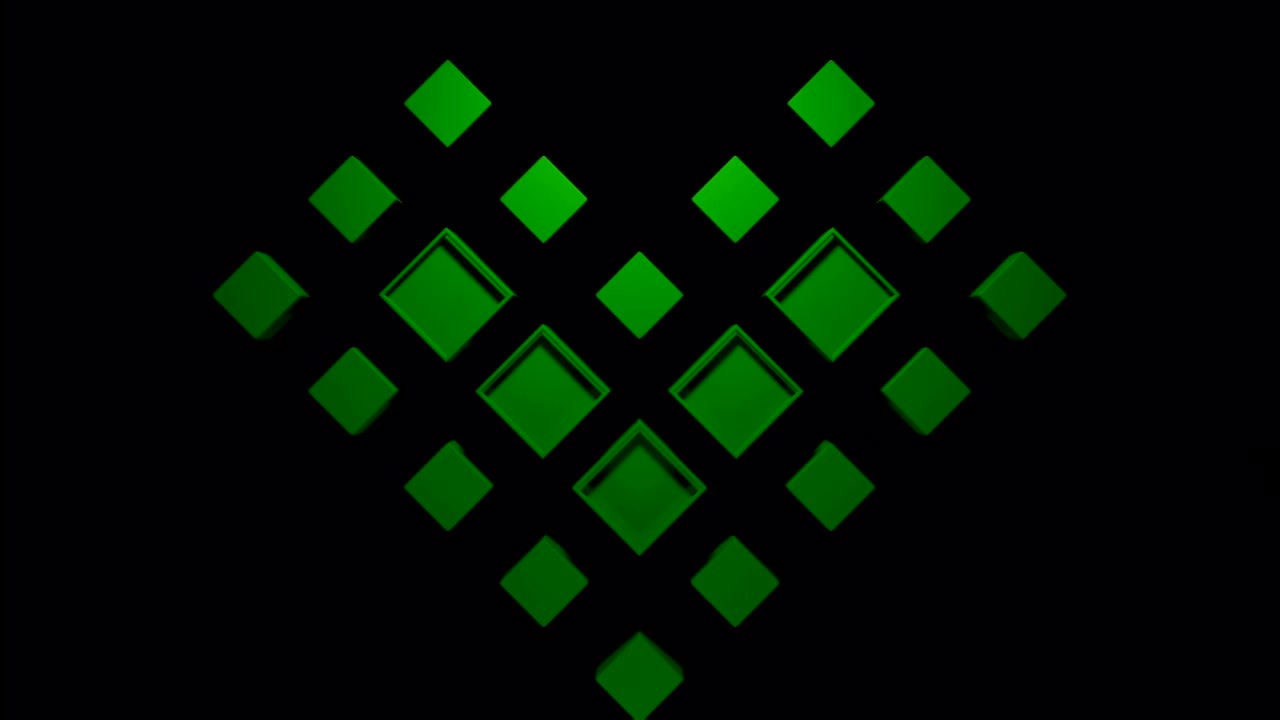 黑色背景。设计。一个美丽的绿色心，由方块组成，可以移动视频下载