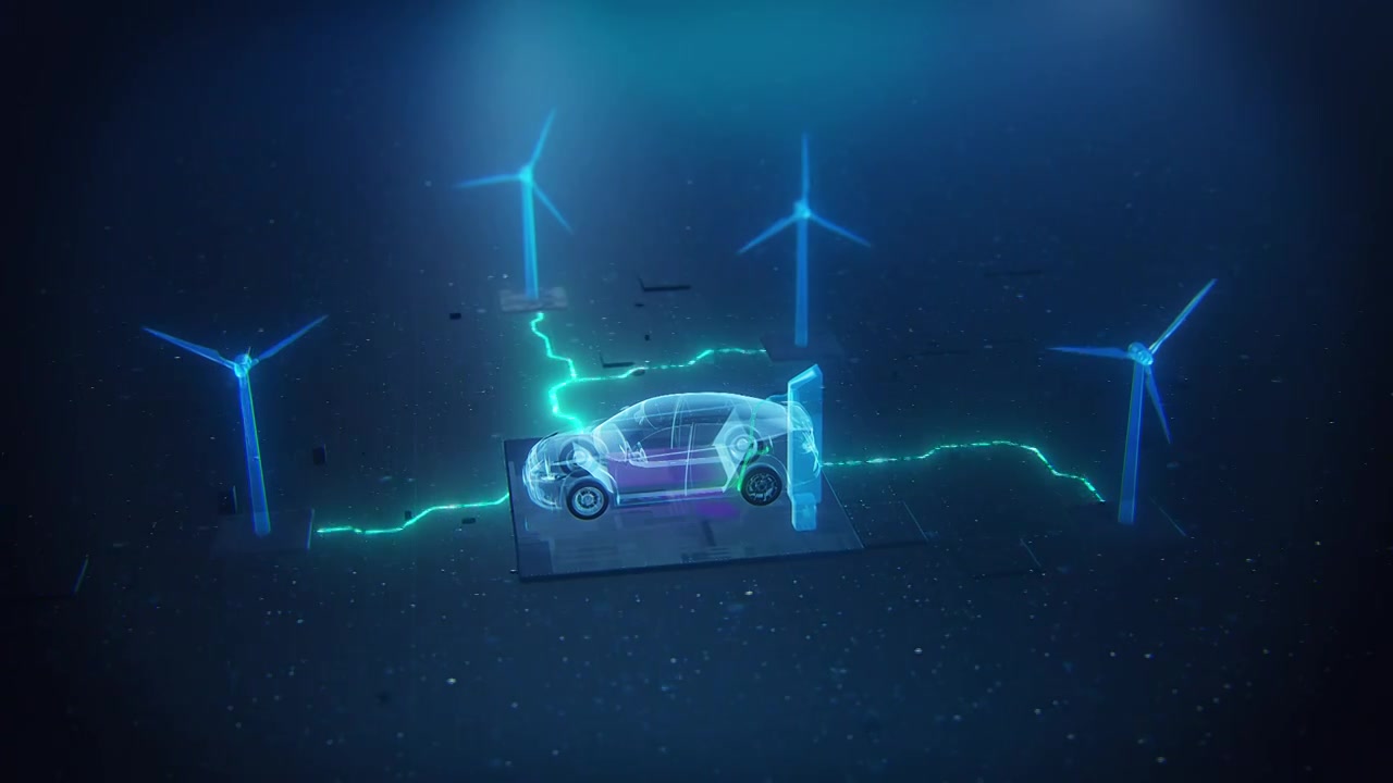 电动汽车在风力发电站上充电。汽车电池的三维可视化视频下载