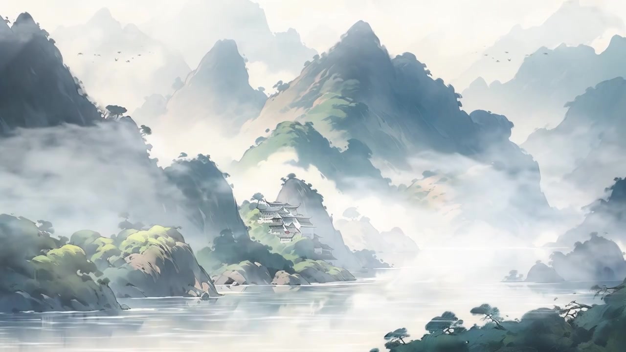中国风古风山水动漫风格烟雾缭绕背景视频视频素材