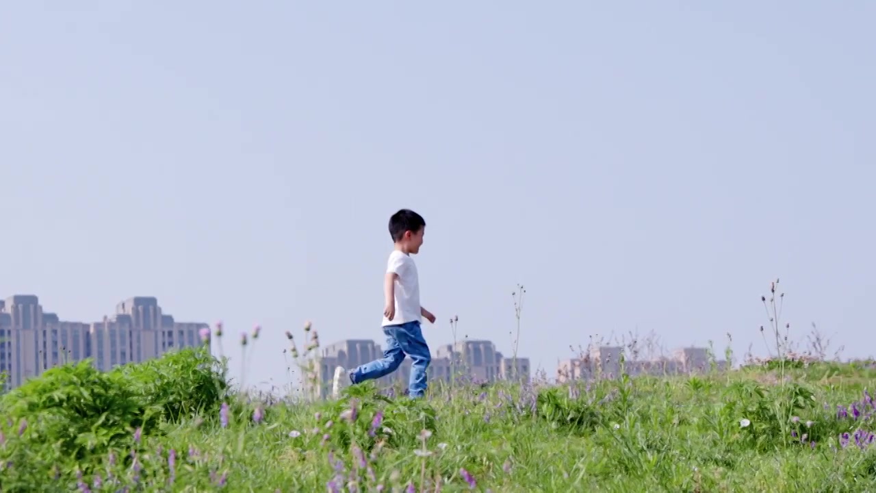 4K小男孩在草地上快乐地奔跑升格慢动作视频下载
